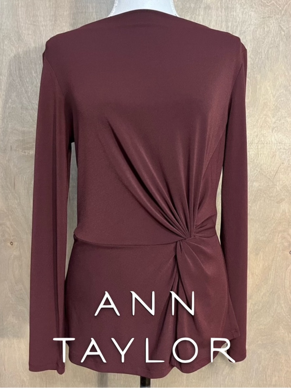 Ann Taylor Long Sleeve Maroon Red Boat Neck Crepe Top w/Twist M